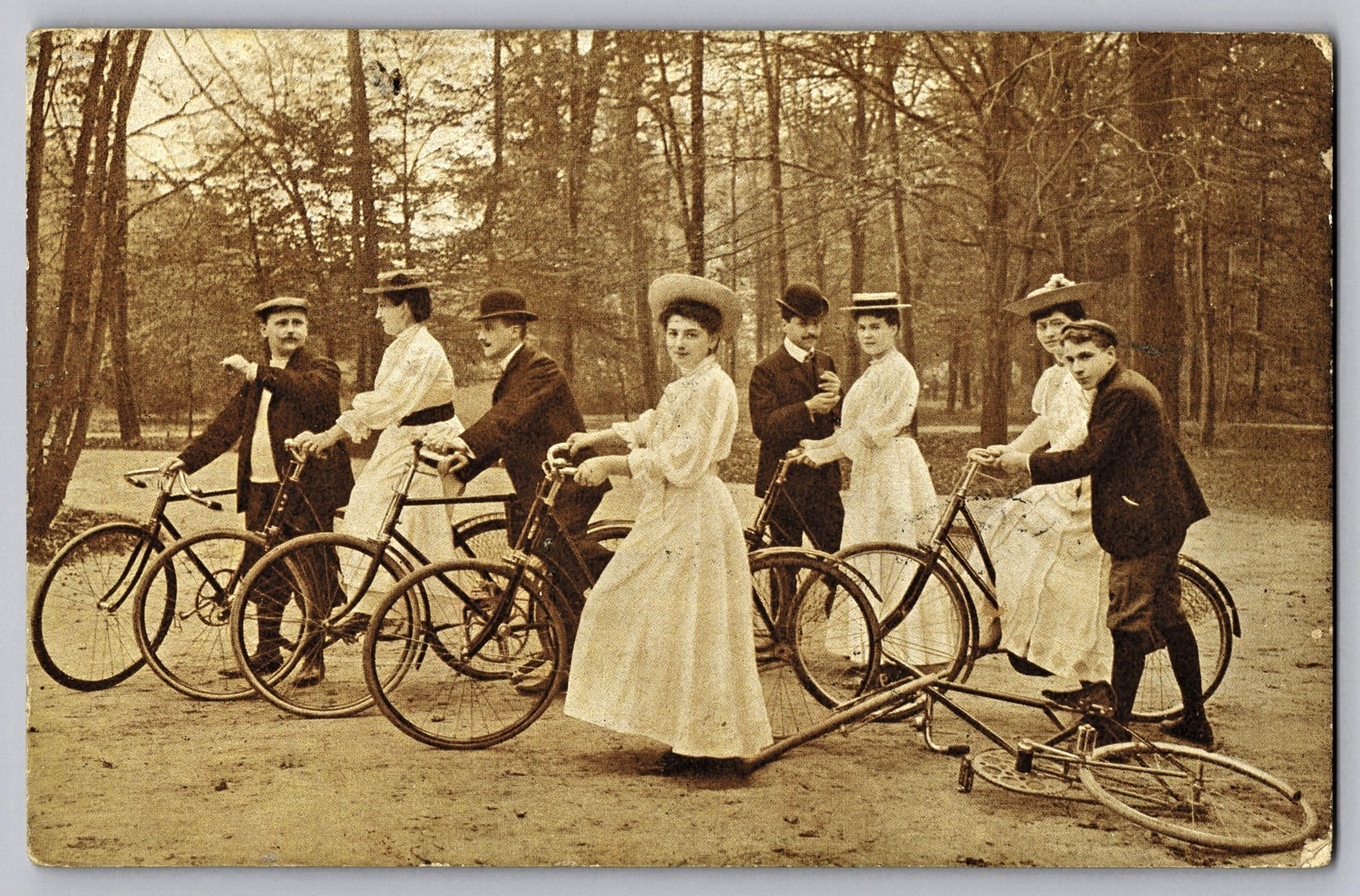 Antique 1907 Postcard Edwardian Men Women Bicyclists Group Bike Riding Fashion Antique 1907 Postcard Edwardian Men Women Bicyclists Group Bike Riding Fashion