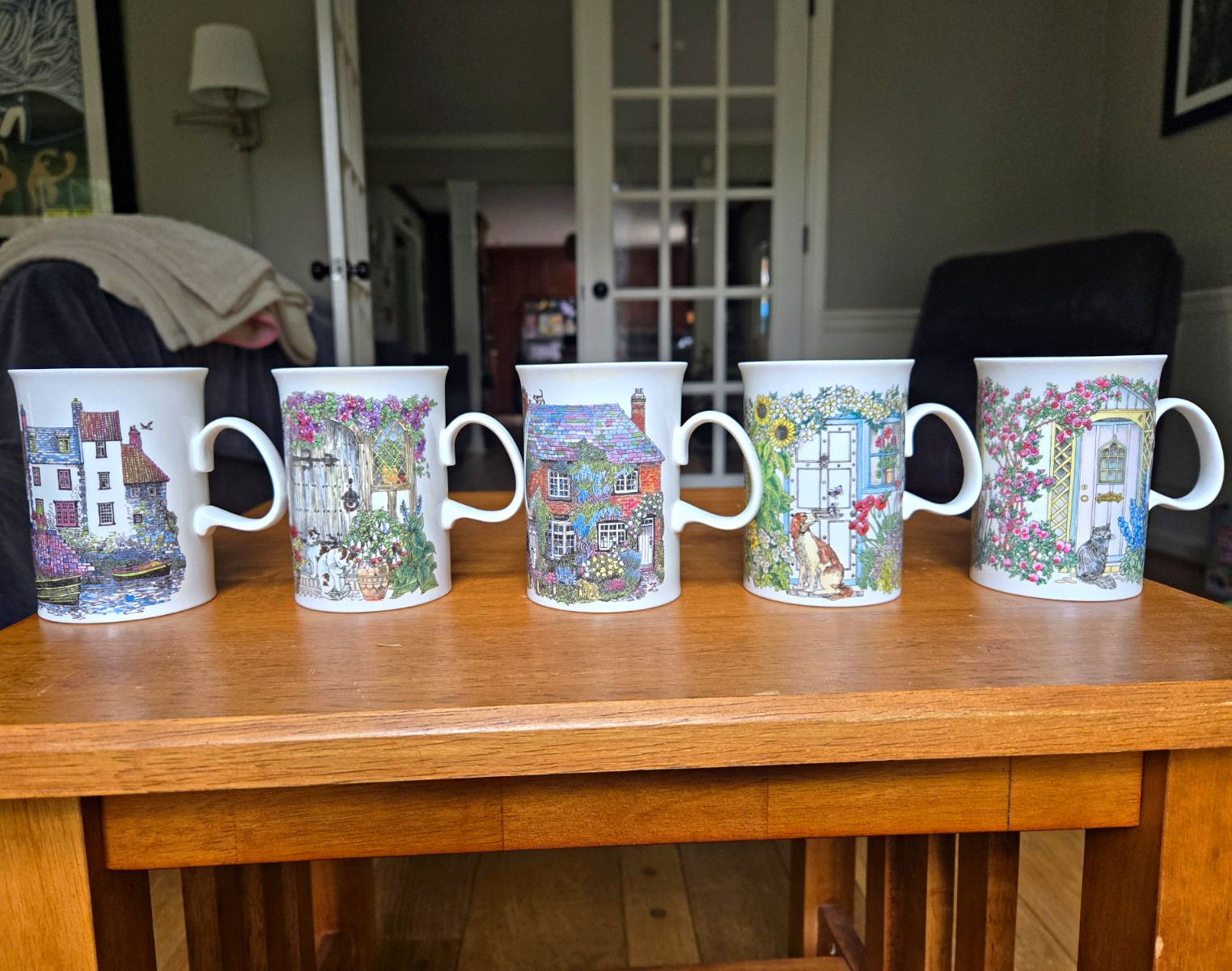 Dunoon Fine Bone China Mugs Painted Cottage And Doorways, England
