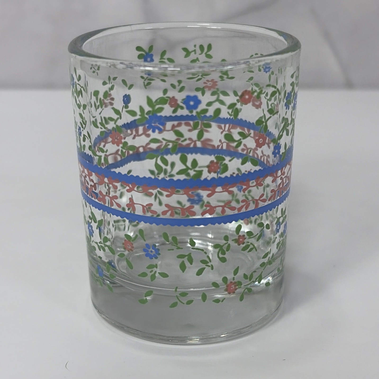 Vintage Floral Flower Juice Glass Tumbler Blue Green 2.75