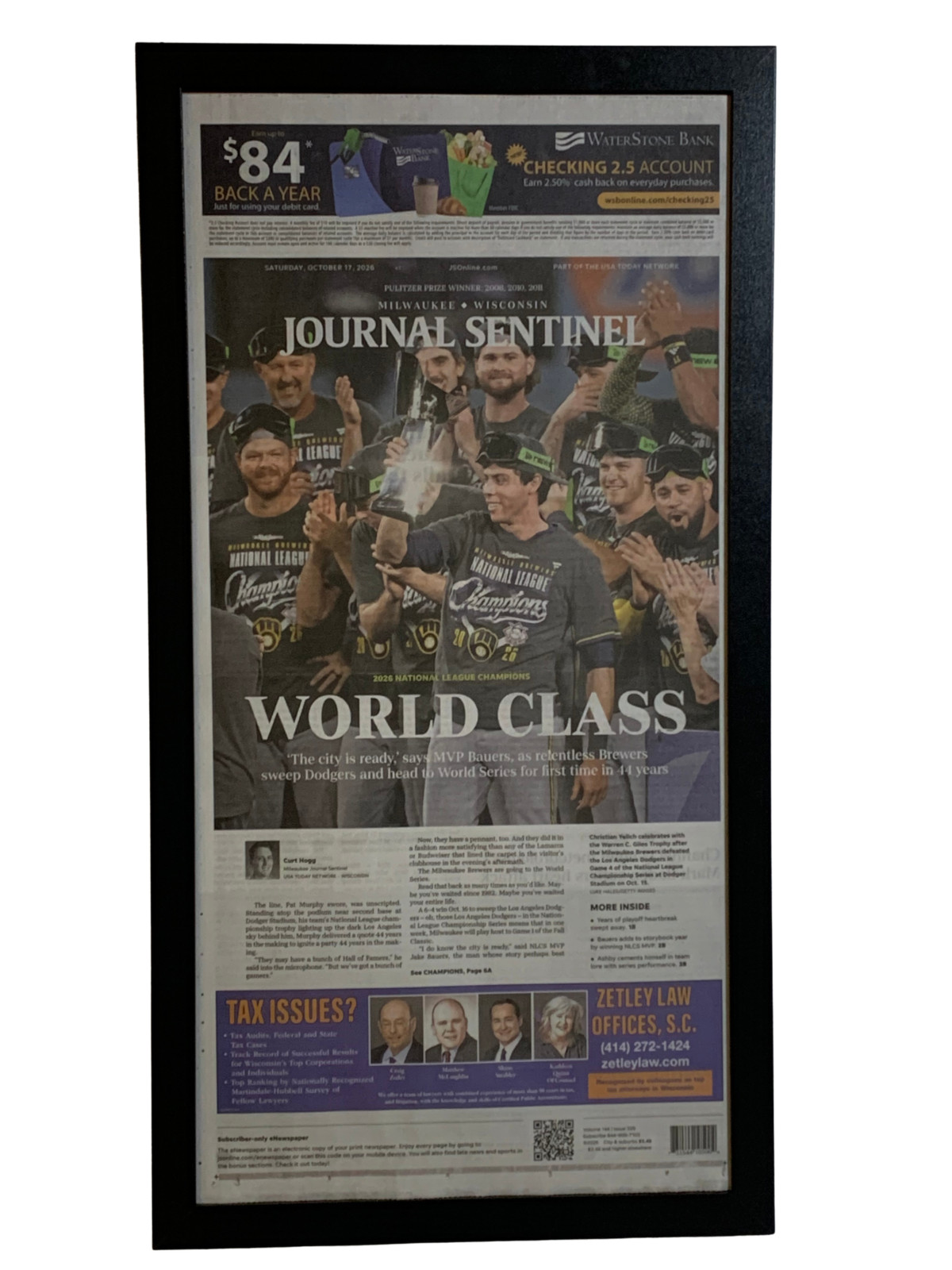 2026 Milwaukee Brewers NL Champions Framed Journal Sentinel Newspaper