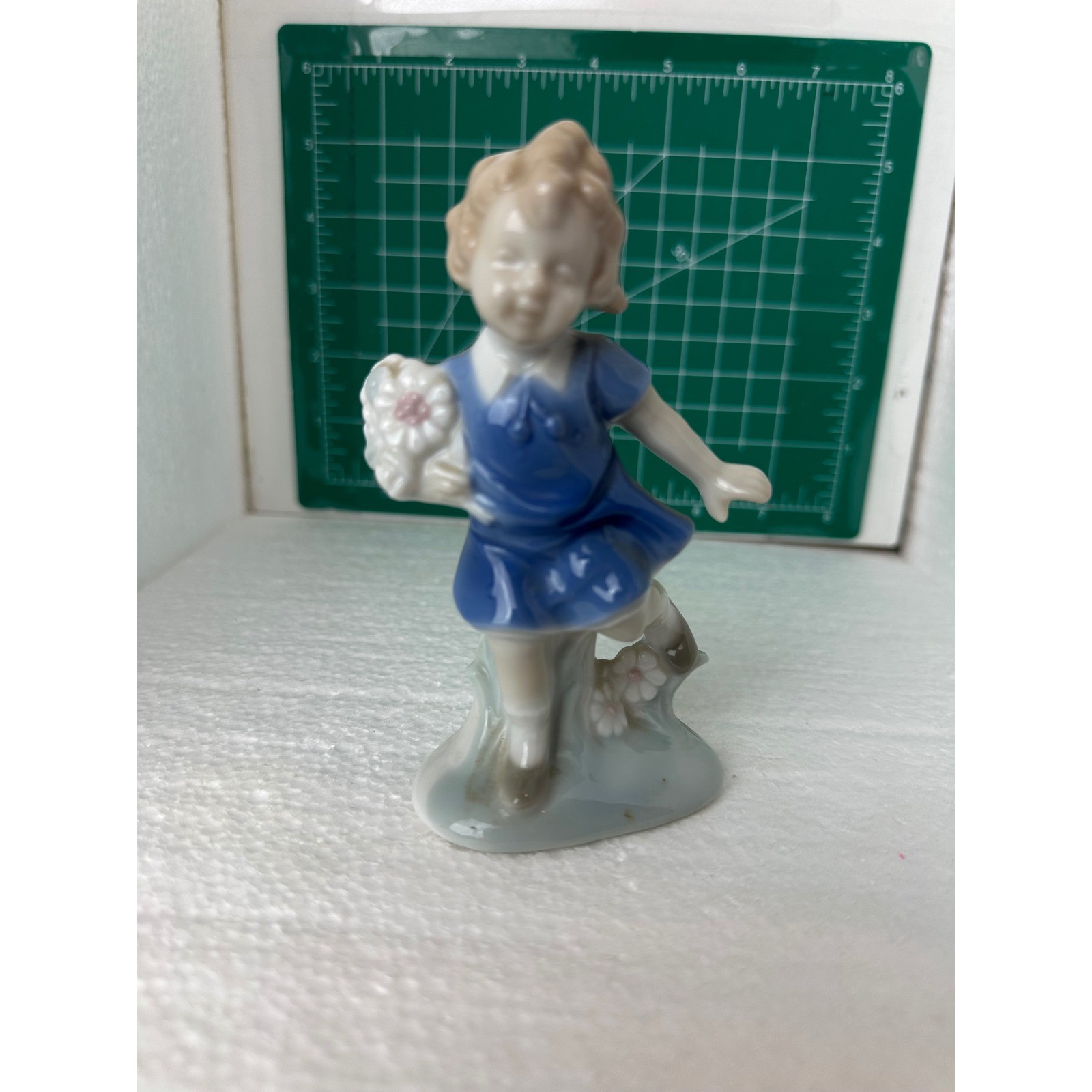 Vintage Porcelain Girl Figurine Blue Dress Flowers Decorative Display