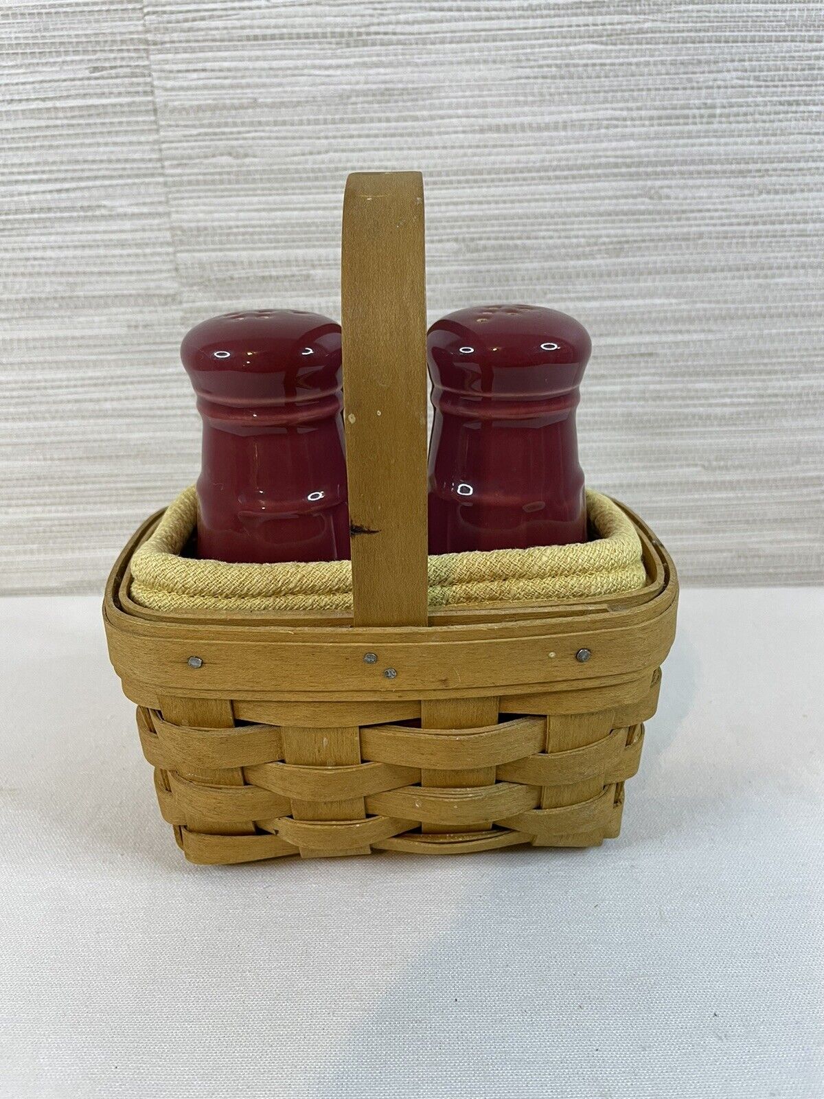 Longaberger pottery salt & pepper shakers paprika red with basket holder