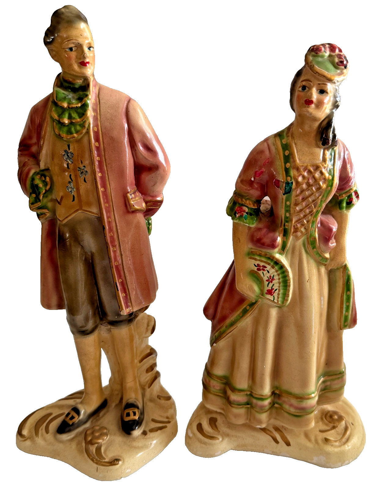 Vintage Mid-Century Chalkware Earthenware Colonial Courting Couple Figurines Vintage Mid-Century Chalkware Earthenware Colonial Courting Couple Figurines