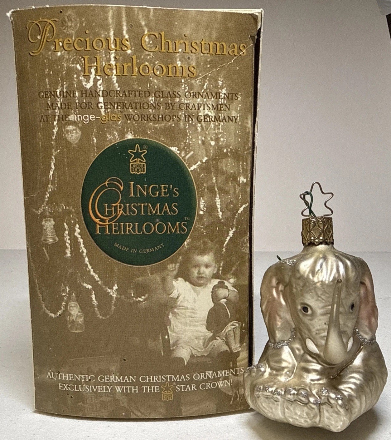 Inge's Glass Elephant Christmas Ornament-SIGNED-w/ Box-Excellent Condition