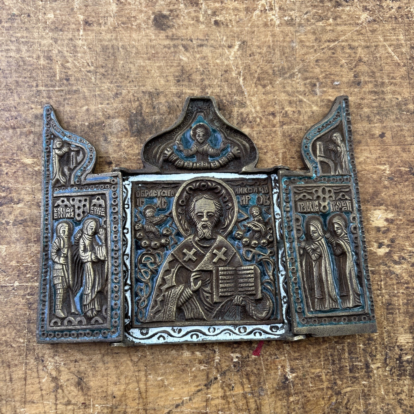 ANTIQUE BRONZE COOPER GREEK GREECE ORTHODOX TRIPTYCH ICON FIGURINE ART