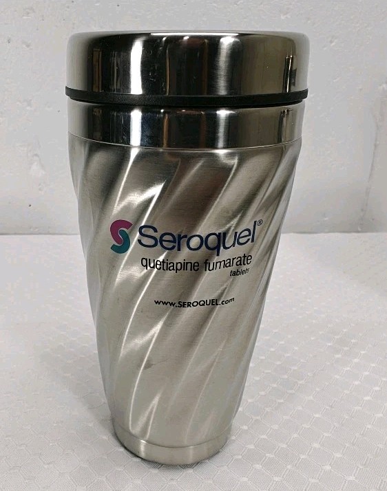 Seroquel Travel Coffee Mug & Pharmacist Neck Tie Pharmaceutical Advertising
