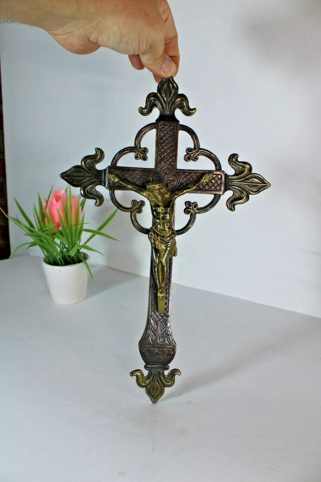 Antique bronze signed crucifix fleur de lys religious 