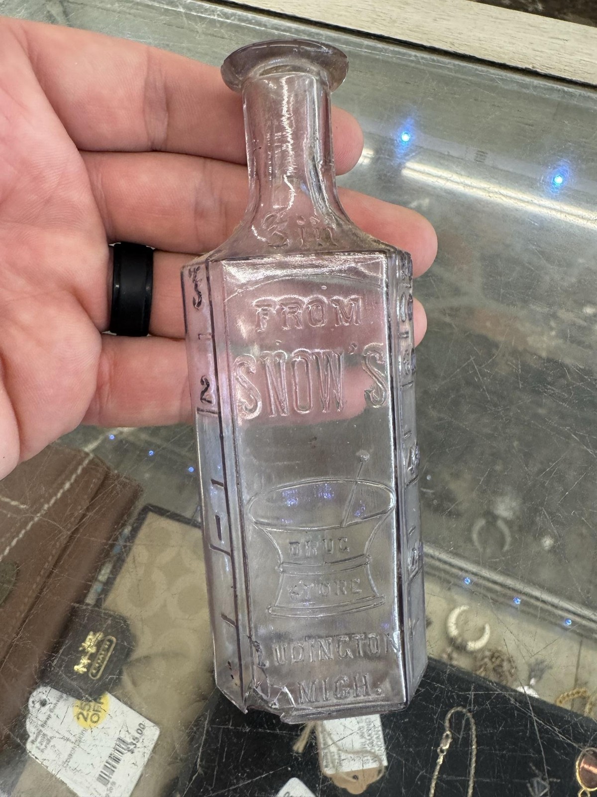 Vintage Snow\'s Drug Store Medicine Bottle Purple Glass Ludington Michigan