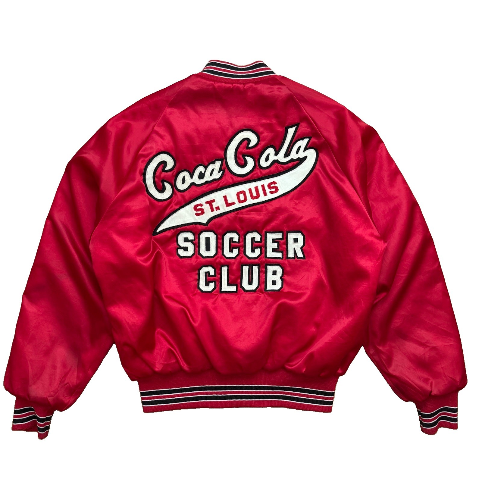Vintage 70s Coca Cola St. Louis Soccer Club Red Satin Bomber Jacket Sz L RARE