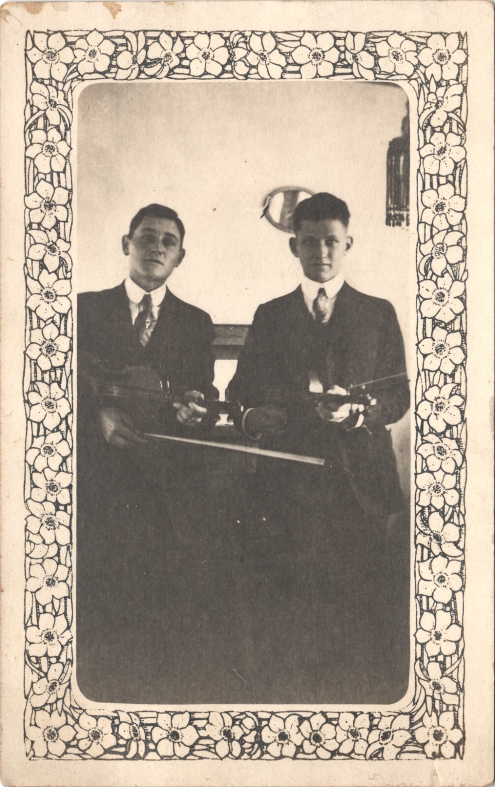 TWO VIOLINISTS c1920 real photo postcard rppc musician band orchestra violin