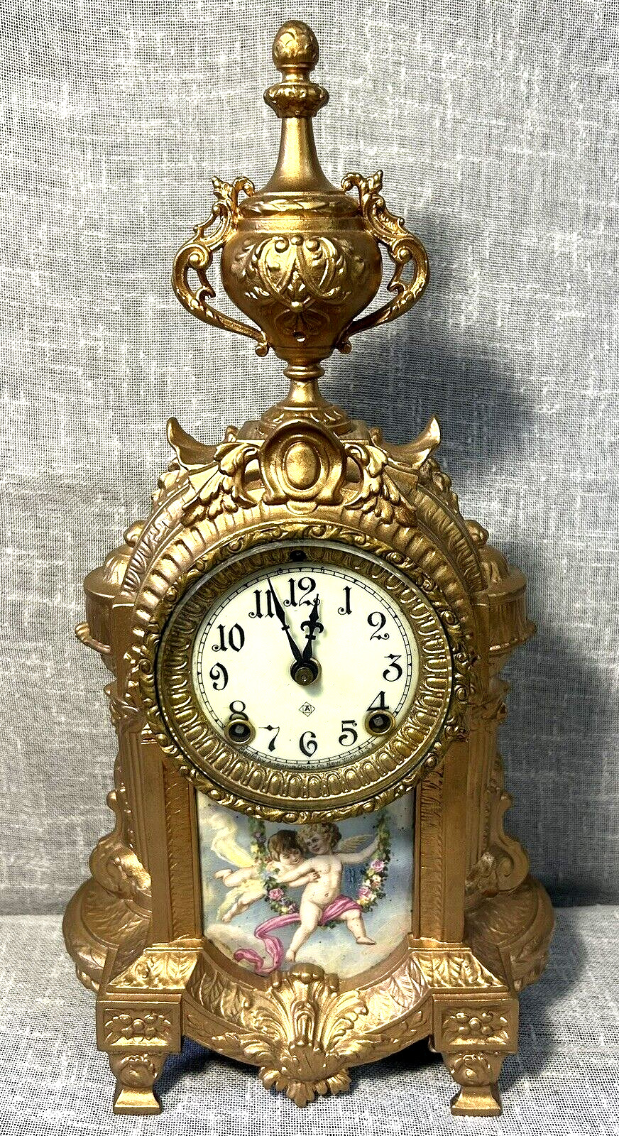 Antique Ansonia N.Y. Ornate Mantel Clock with Cherub Art Porcelain Panel
