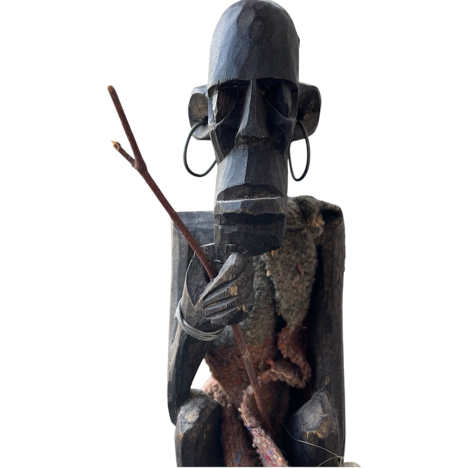 Vintage Hand-Carved African Wooden Elder Figurine with Staff – 12.2”