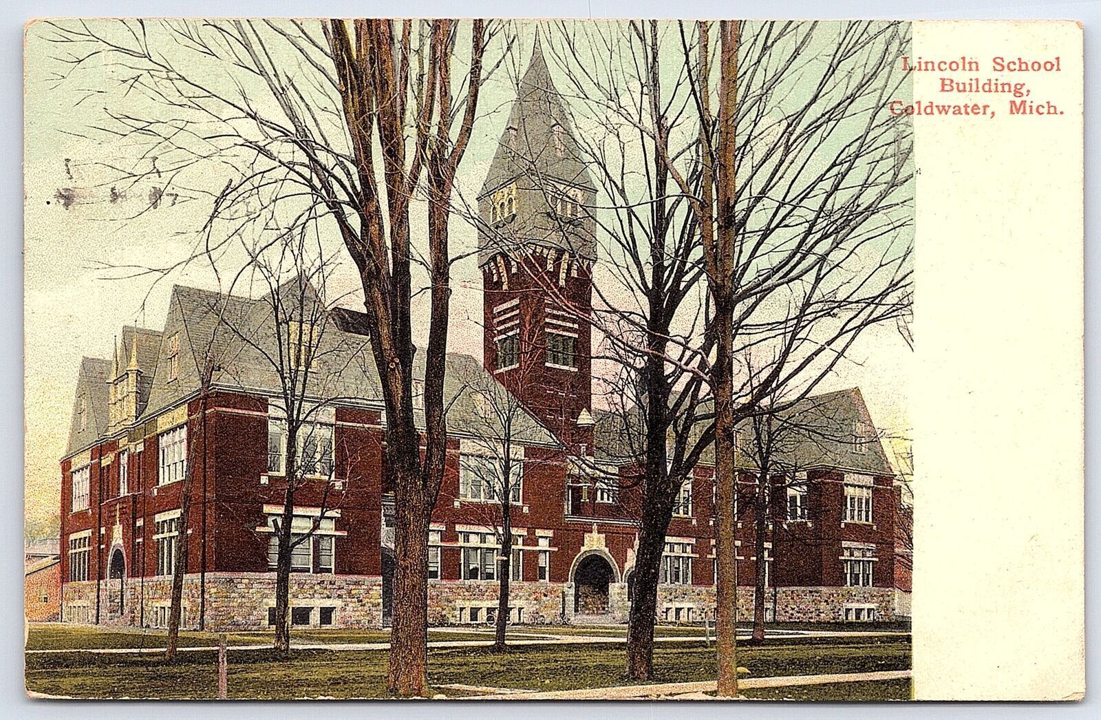 1908 Lincoln School Building Learning Center Coldwater Michigan Posted Postcard