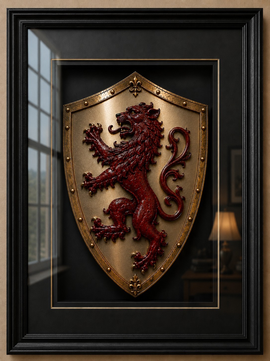 Heraldic Lion Shield Faux Shadow Box Art Print 24x36 Medieval Coat of Arms Wall
