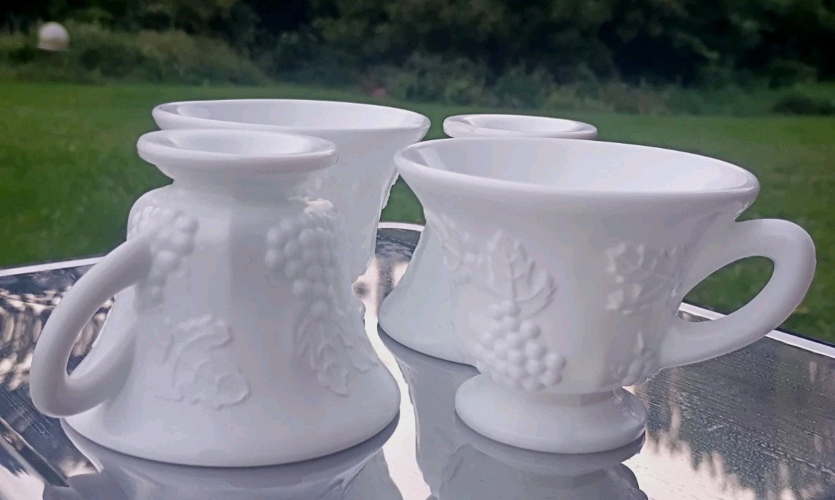 Vintage Indiana Glass Milk Glass Harvest Grape Punch Cups – Set of 4 Footed Mugs