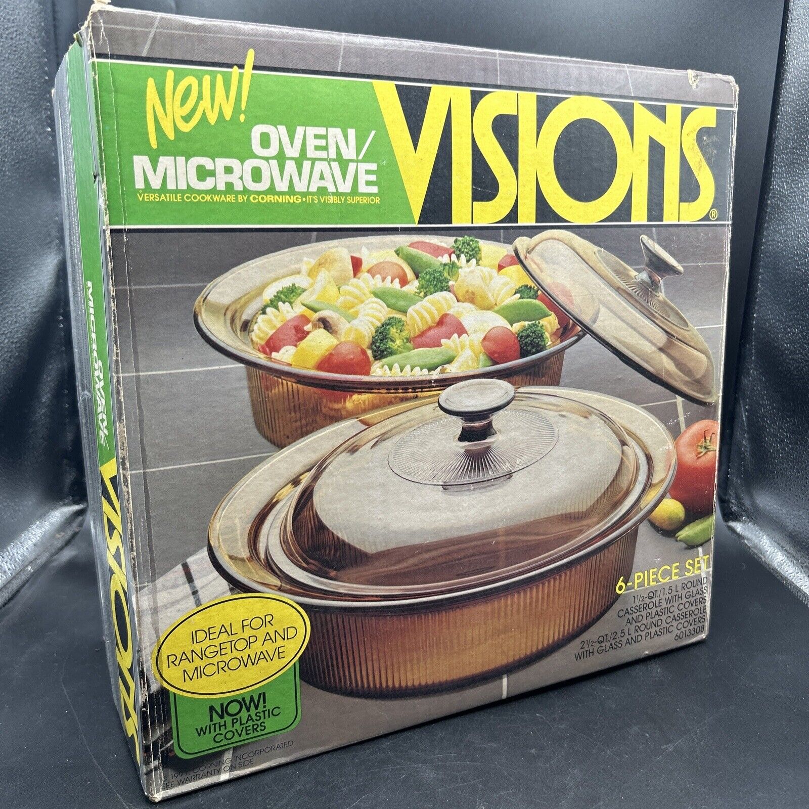 Vintage Sealed Box Corning Visions Transparent Amber 6 Piece Cookware Set w/Lids