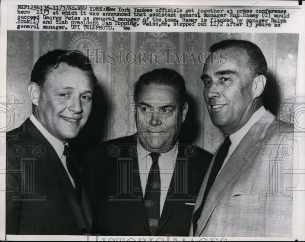 1960 Press Photo NY Yankee officials Roy Haney, Dan Topping & Ralph Houk 1960 Press Photo NY Yankee officials Roy Haney, Dan Topping & Ralph Houk