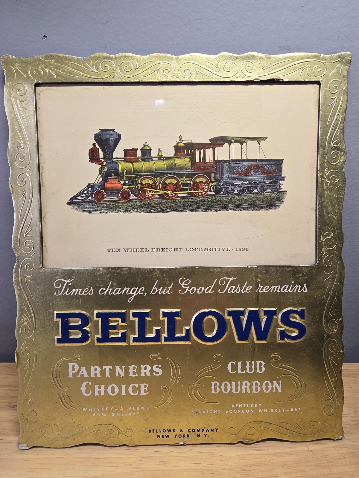 Rare Bellows Whiskey Train Locomotive Advertising 1880 Ten Wheel Locomotive Sign