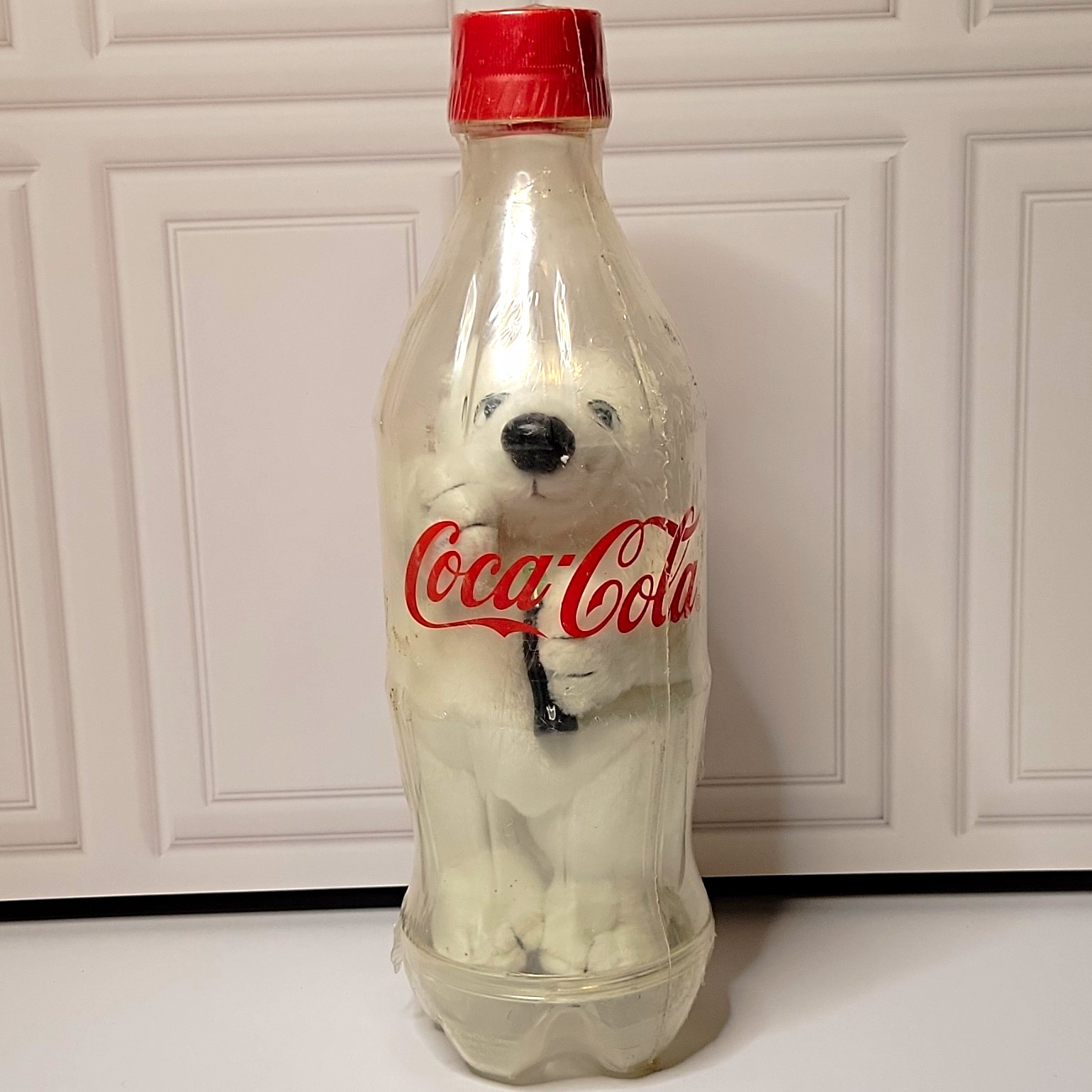 Coca-Cola Clear Advertising Bottle Container w/ Polar Bear Inside, Red Cap