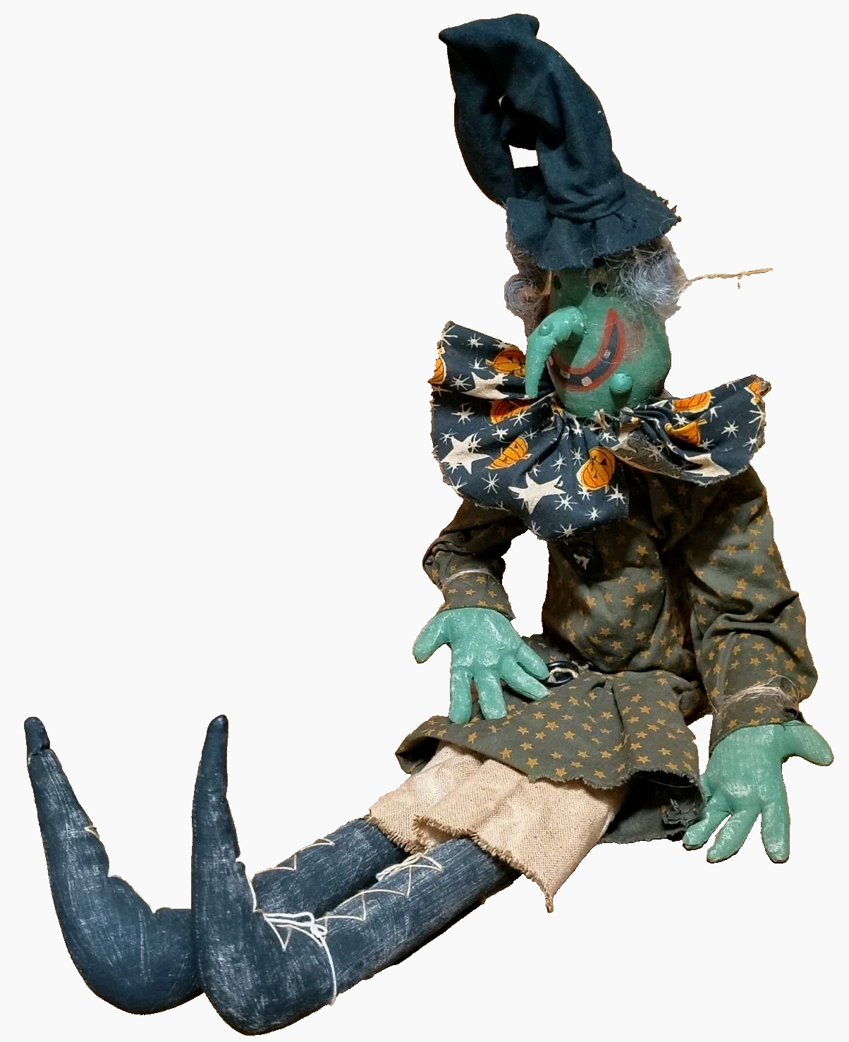 VTG Halloween Primitive Folk Art Cloth Witch Doll Green Wart Face Handmade OOAK