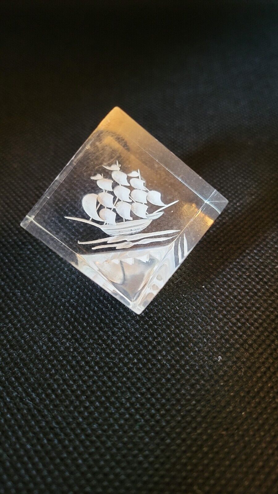 Small Lazer Etched Acrylic 9 Mast Sailing Ship Figurine Paperweight.