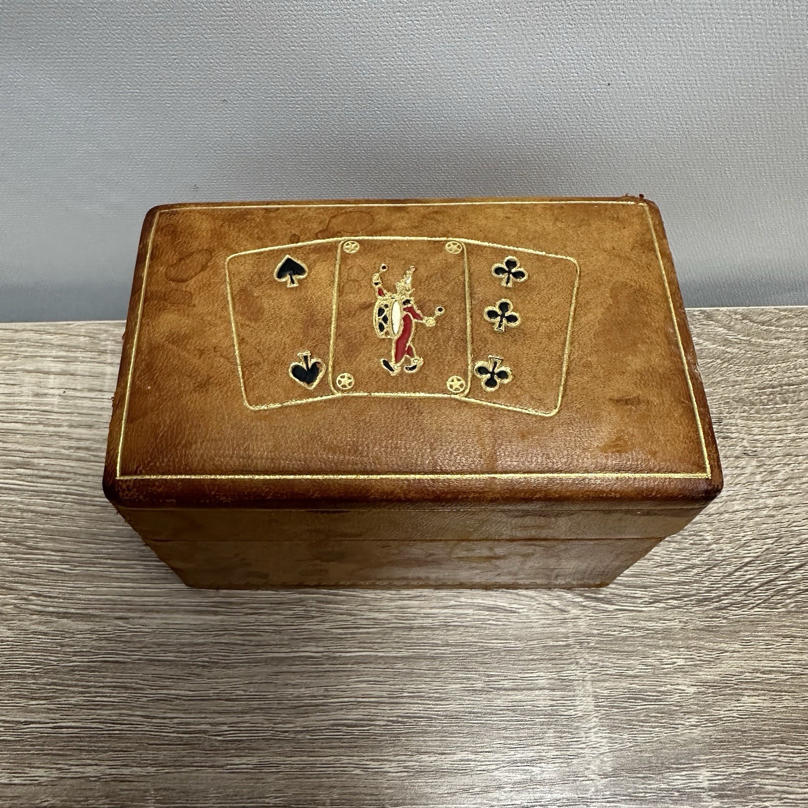 Vintage A Grispigni Roma Italian Leather Playing Cards Box Gold Tooled Joker