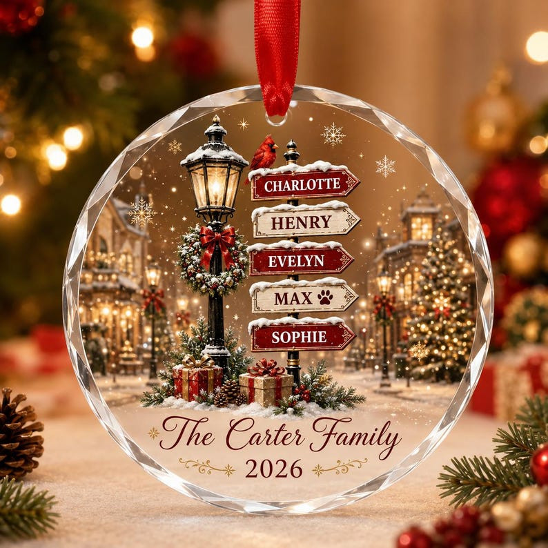 Personalized Family Christmas Ornament, Custom Name Crystal Glass Ornament