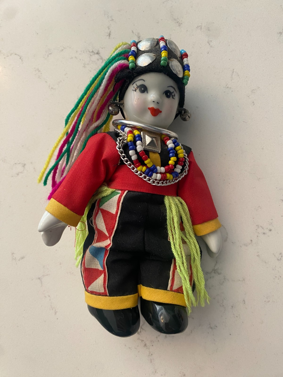 Vintage Chinese Minority Doll Porcelain Face Silver Beaded Headdress Bells 4\