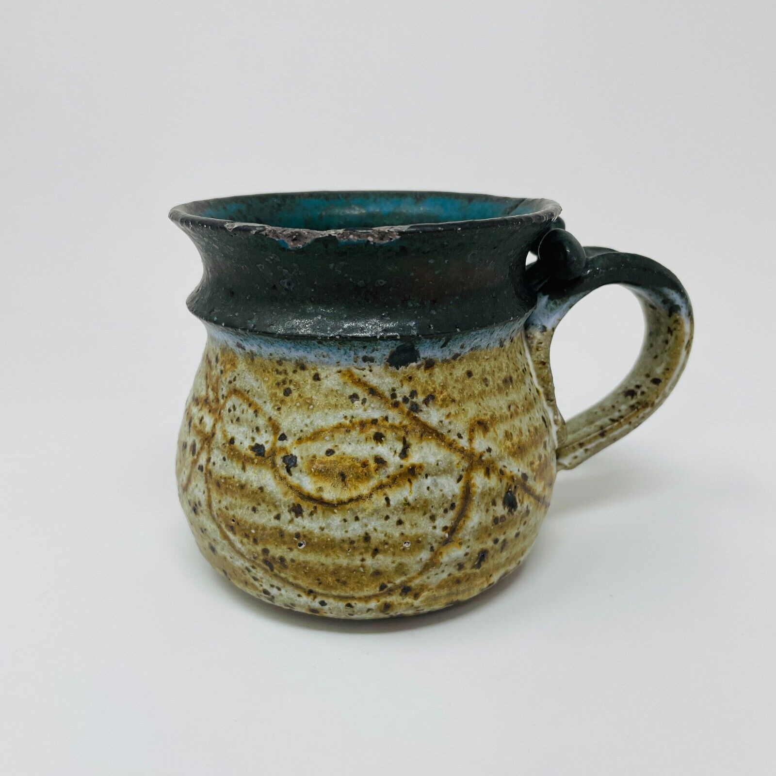 Stoneware Mug Pottery Semi Glazed Green Brown Chipped Aged Character Signed