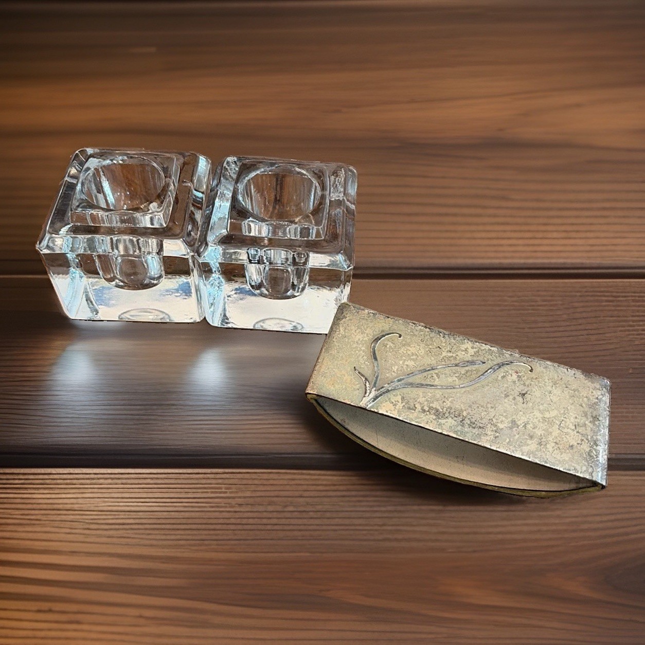 Antique Desk Set 2 Heavy Glass Inkwells 2.5” & One Heinzs Style Ink Blotter Set Antique Desk Set 2 Heavy Glass Inkwells 2.5” & One Heinzs Style Ink Blotter Set