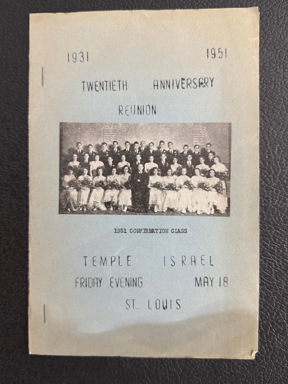 1951 Temple Israel St. Louis 1931 Confirmation Reunion Program