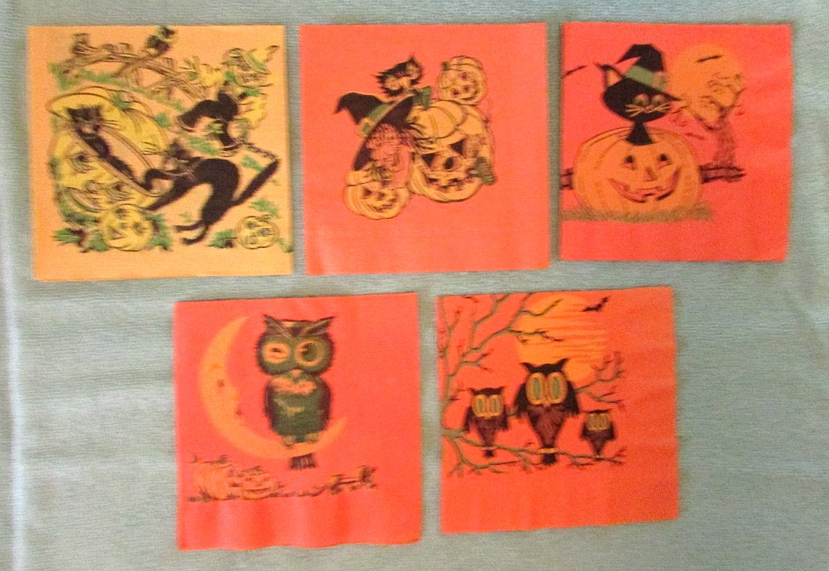 Vtg Lot of 5 Halloween Crepe Paper Napkins Owls Black Cats Witch Jack-O-Lantern