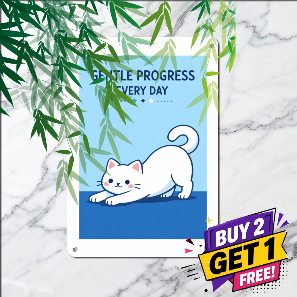 Stretching White Cat Blue Sky Sign Mindful Serenity Pet Metal Wall Plaque