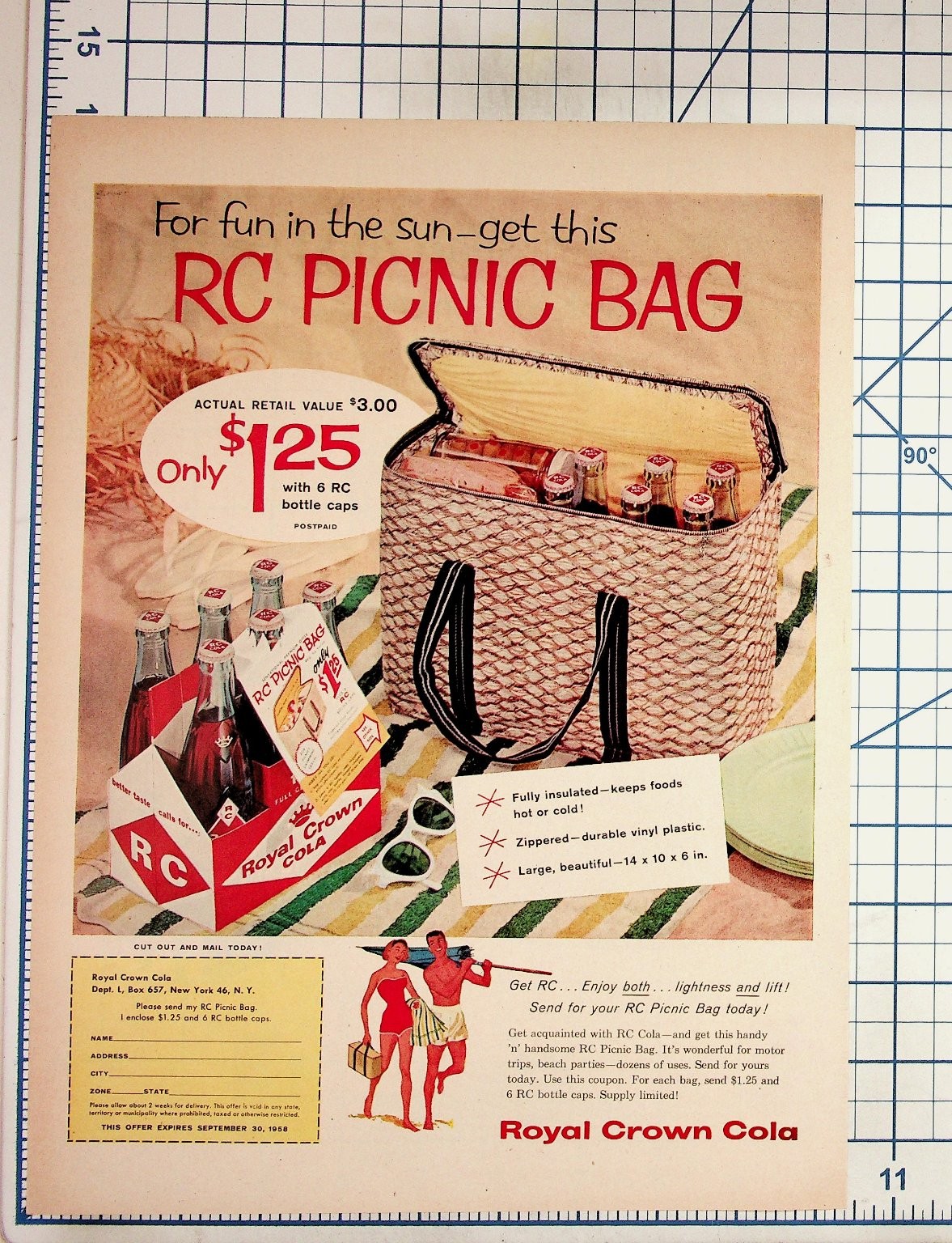 1958 Royal Crown Cola RC Picnic Bag Vintage Magazine Ad Offer Ephemera