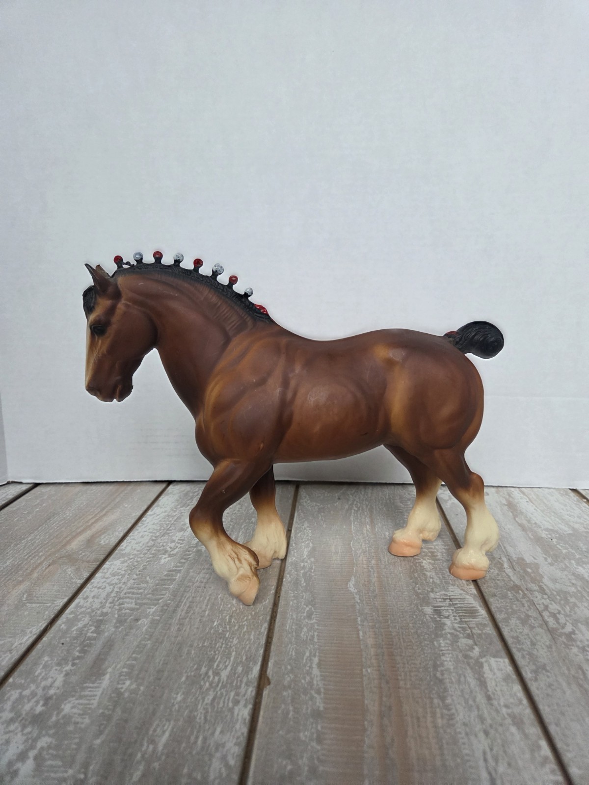 VTG BREYER  Bay Chalky Clydesdale Stallion w/Red & White Bobs/Red Tail Ribbon
