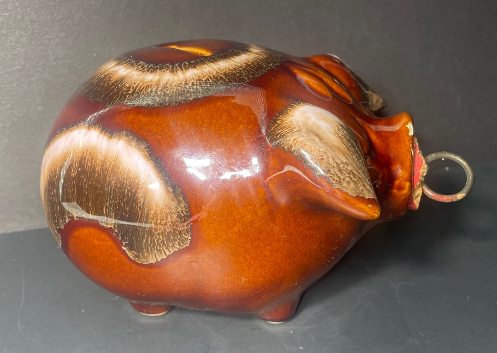 Vintage Hull USA Pottery 1957 Corky Pig Piggy Bank Brown Drip Glaze Nose Cork