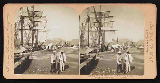 Photo:Cartagena Spain Wharfs 1902 Sailing Ships Dockworkers Stereo View