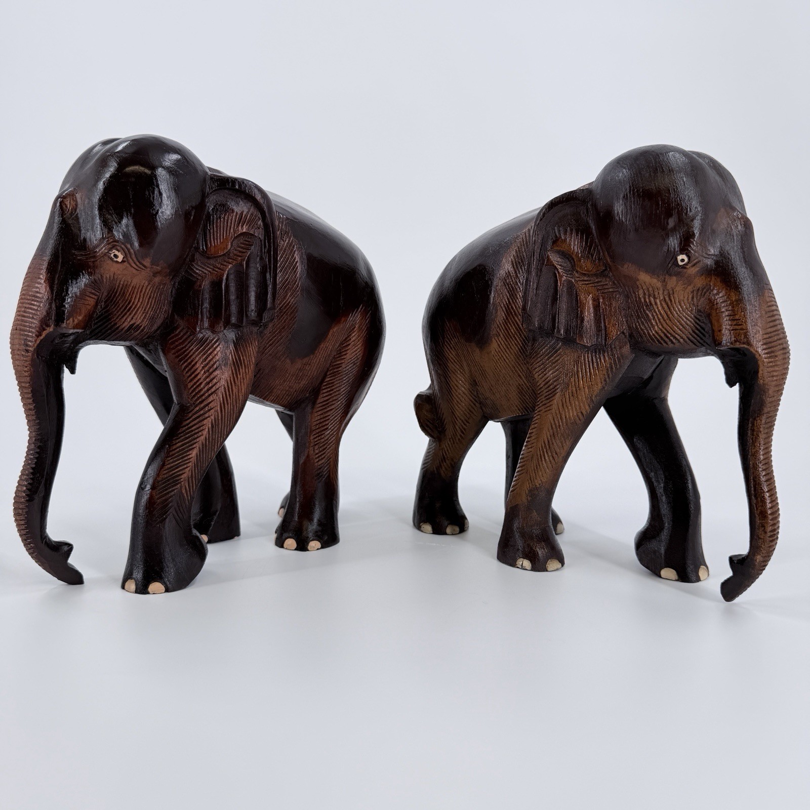 Vintage Hand Carved Wooden Elephant Pair  Mid Century Hardwood