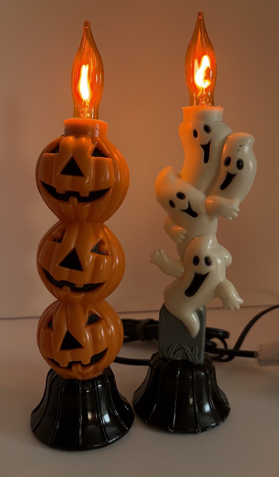 Two Pumpkin & Ghosts Candlesticks W/ Orange Flicker Bulbs 9 Inches Tall Vintage
