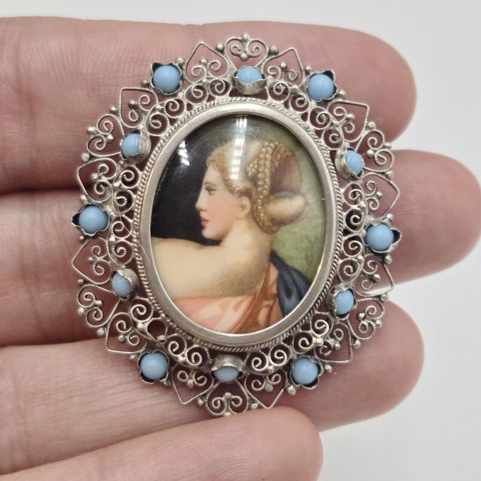Vintage 800 Fine Silver Set Turquoise Hand Painted Portrait Frame Pin/Brooch