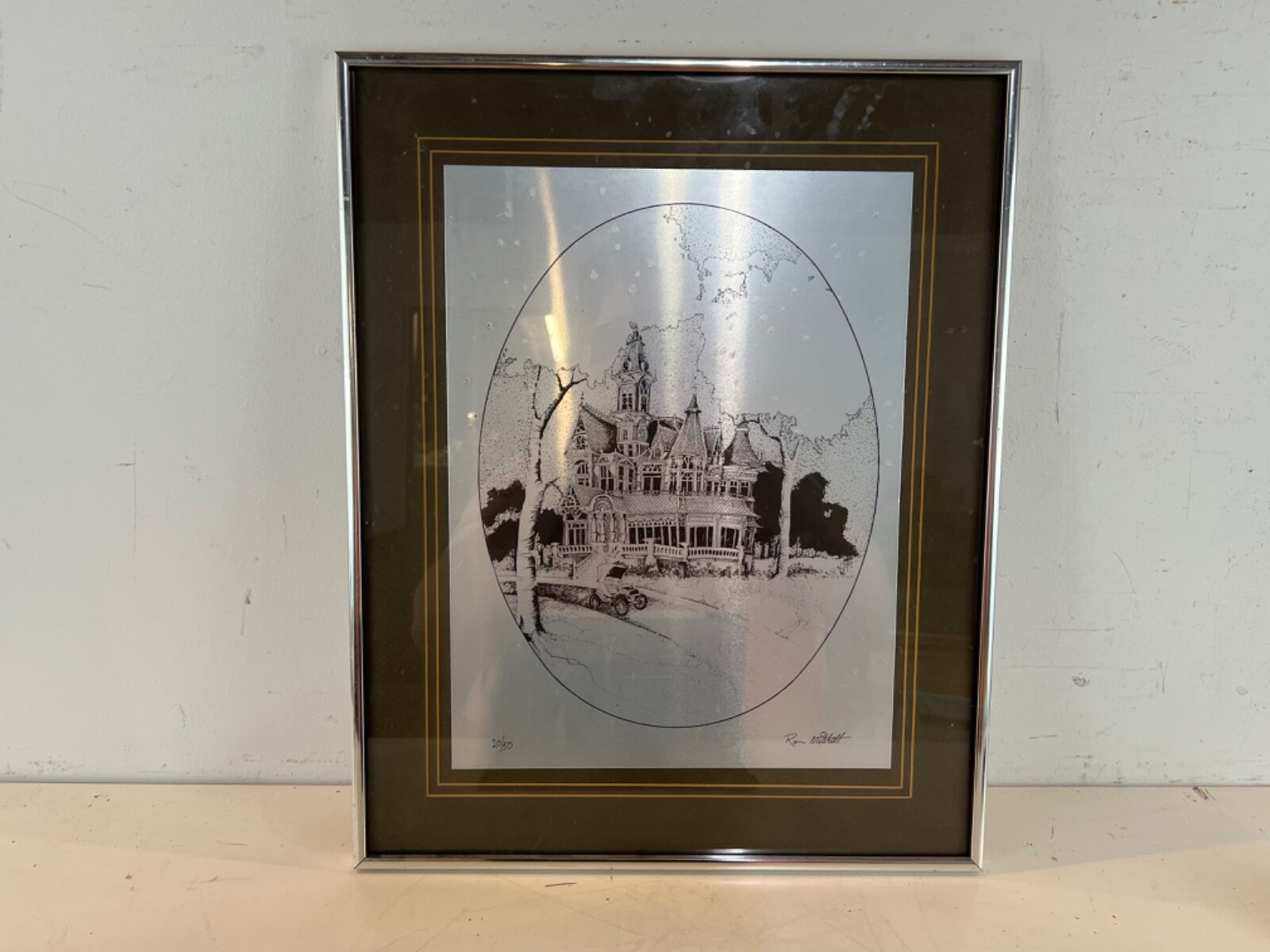 Vintage Etched Pewter Cottage Building Framed Signed Ron Mitchell Vintage Etched Pewter Cottage Building Framed Signed Ron Mitchell