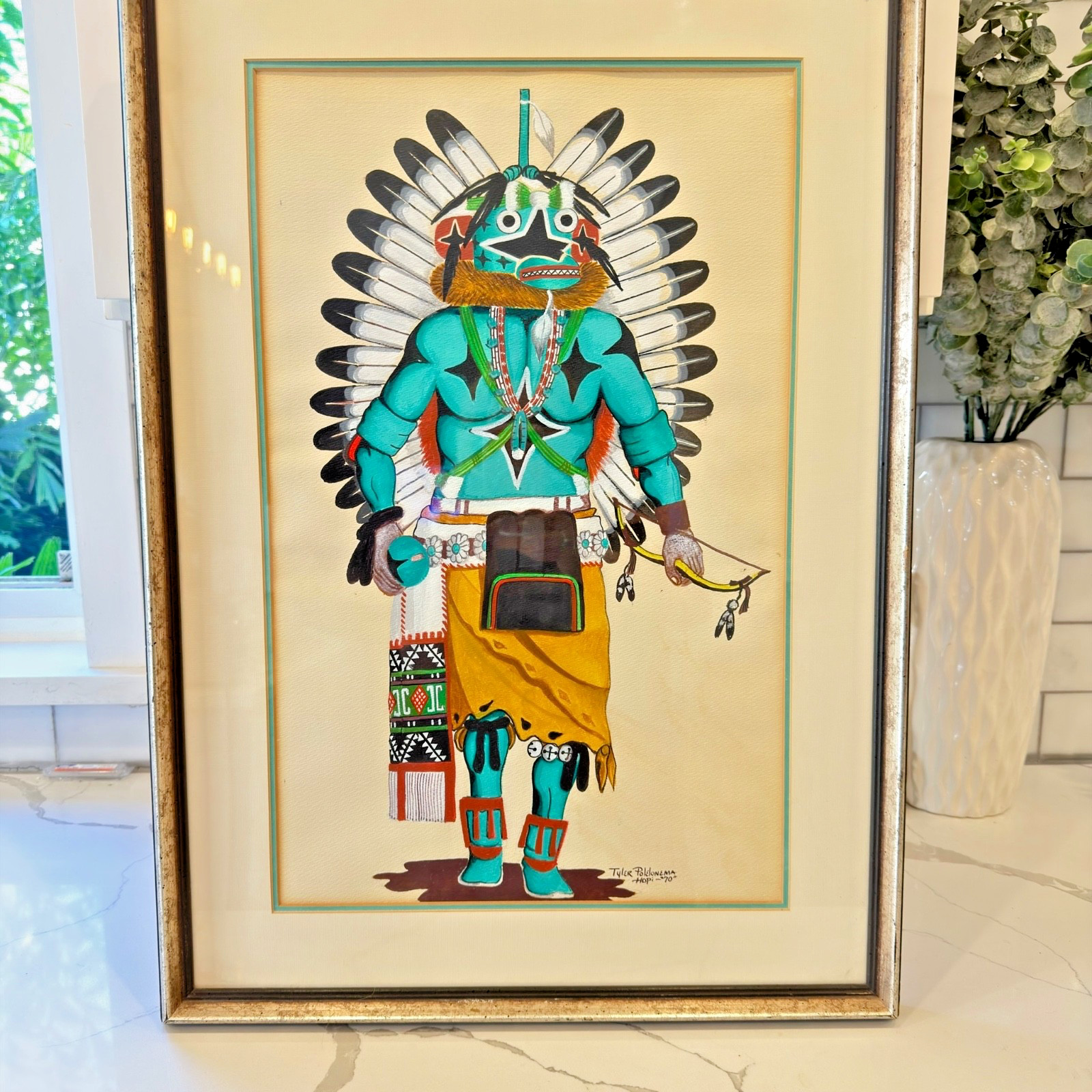 VTG Hopi Kachina Painting Blue A’hote Warrior Native American Art Framed 1970 VTG Hopi Kachina Painting Blue A’hote Warrior Native American Art Framed 1970