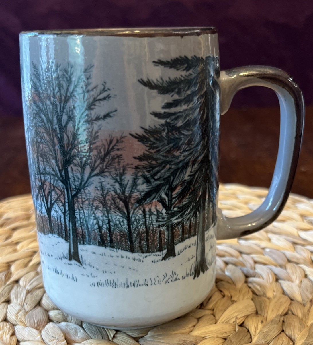 Vintage Otagiri Japan Winter Forest Landscape Mug Snowy Pine Tree Brown Rim 5.25