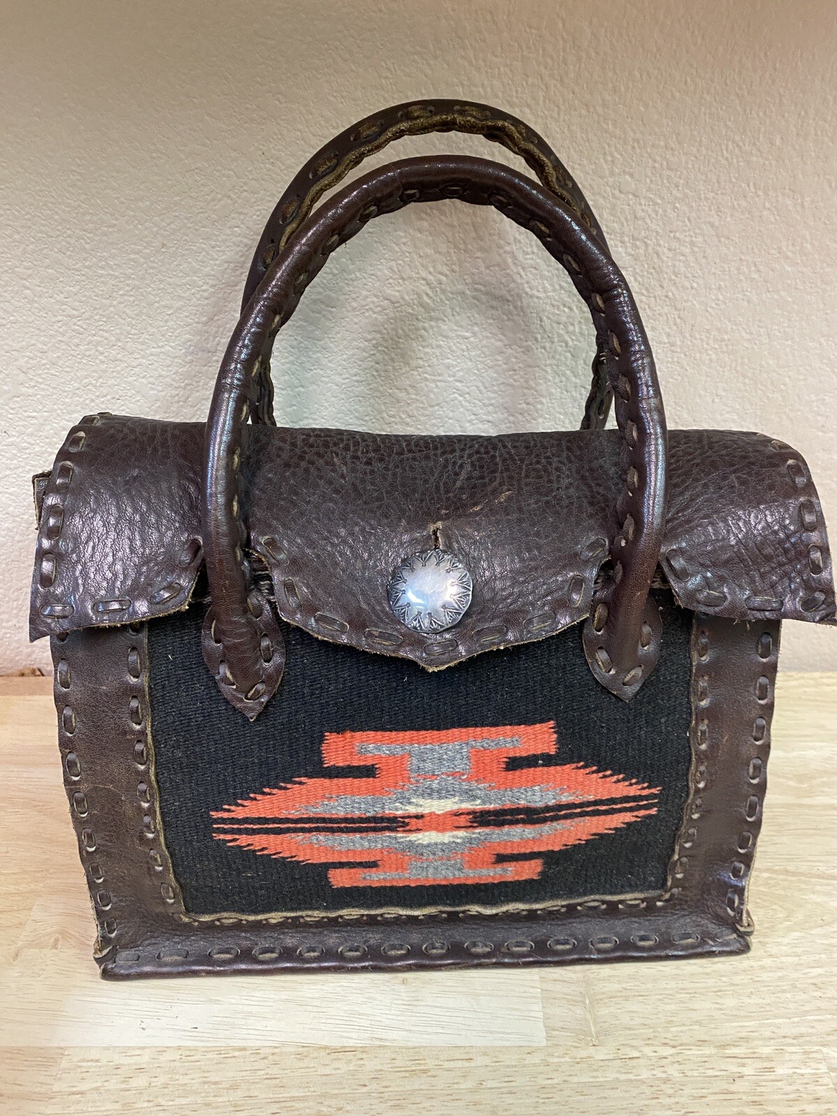 Vintage Beautiful Leather Laced Woven Navajo Silver Tooled Button Handbag Purse
