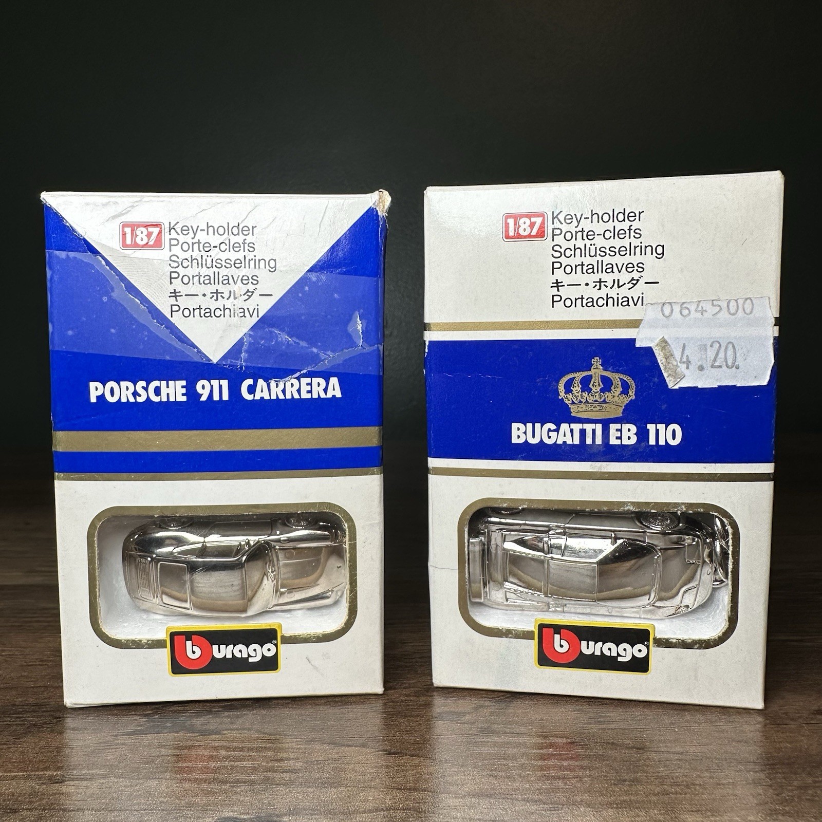 Vintage Bburago 1/87 Scale Key Holder Porsche 911 Carrera & Bugatti EB 110 Italy