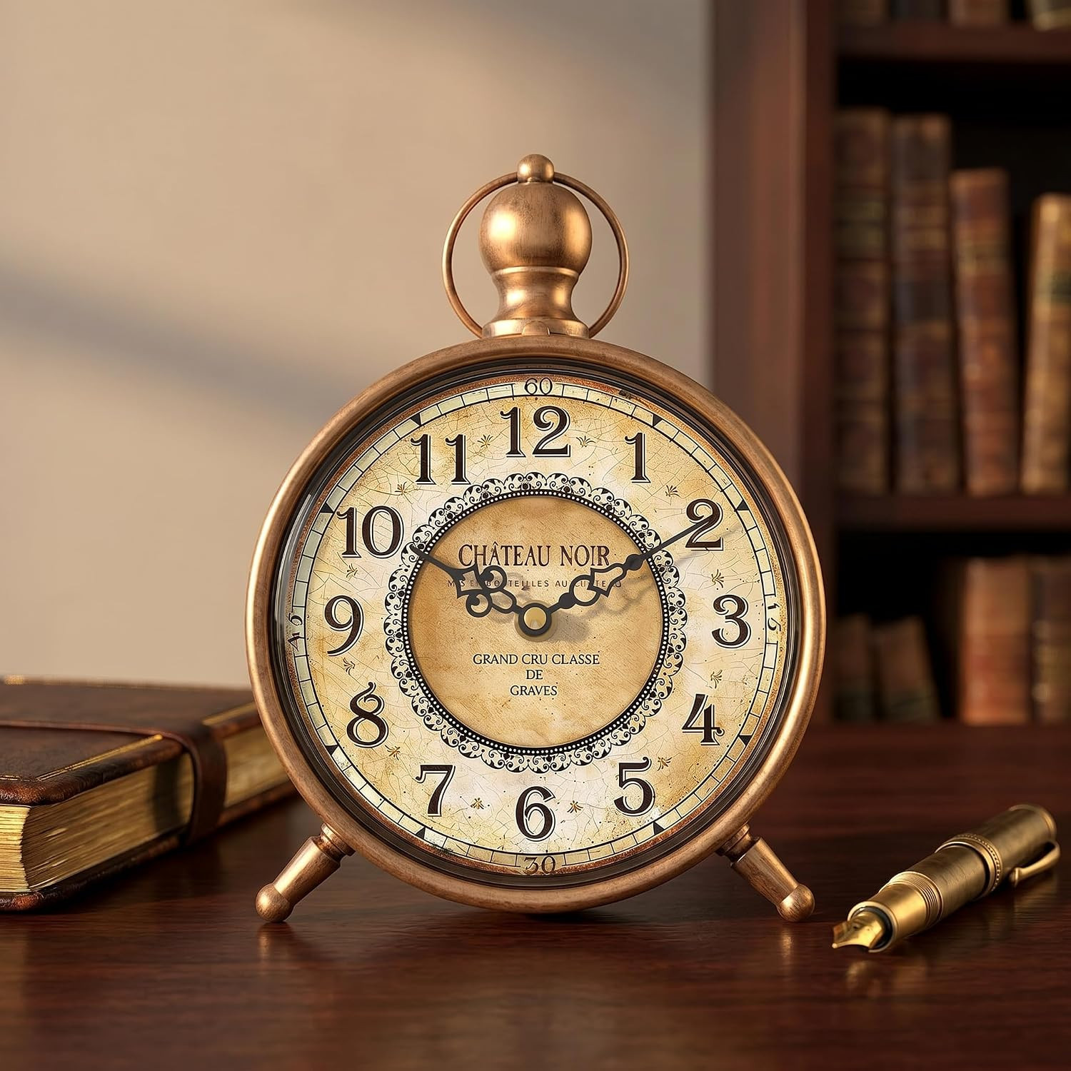 Vintage Desk Clock, Antique Gold Metal Table Clock, Silent Non-Ticking Battery