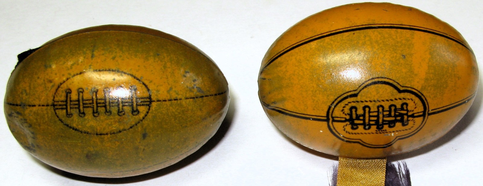 Pair Vintage, Antique 1920s/30s Tin Litho Footballs Candy Tins  2 1/4\