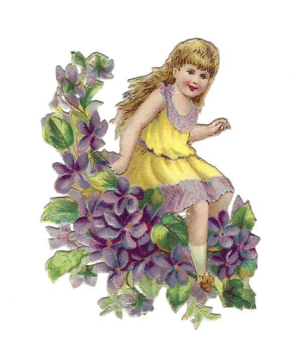 1888 Chromo decoupis, Victorian Flower Fairy PURPLE, Antique Die-Cut Scrap, 2.5