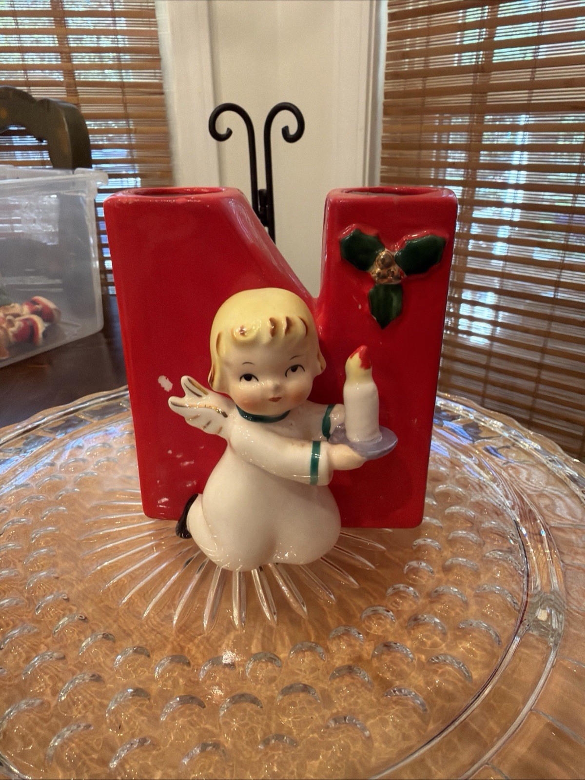 Vintage 1956 Christmas Ceramic Angel Noel Candle Holder   Letter N By Napco.
