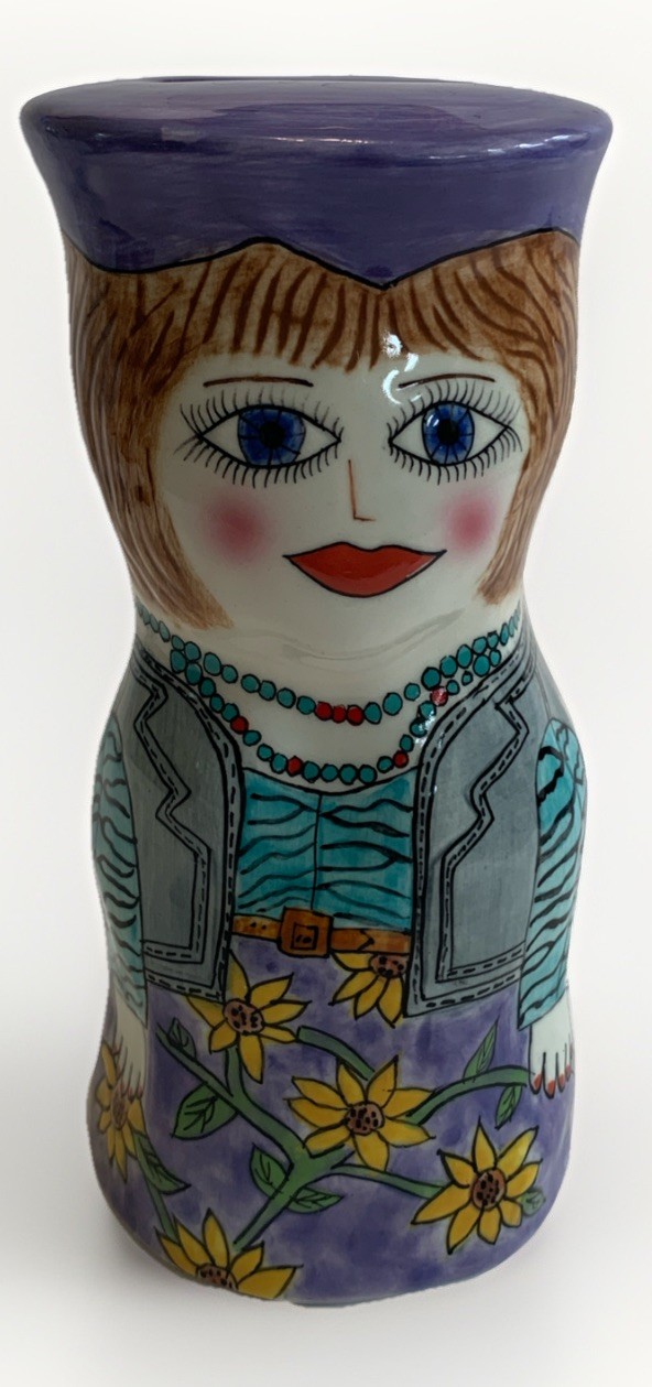 Susan Paley Ganz Folk Art Ceramic Doll Coin Bank Whimsy Desk Top Y2K ERICA “READ